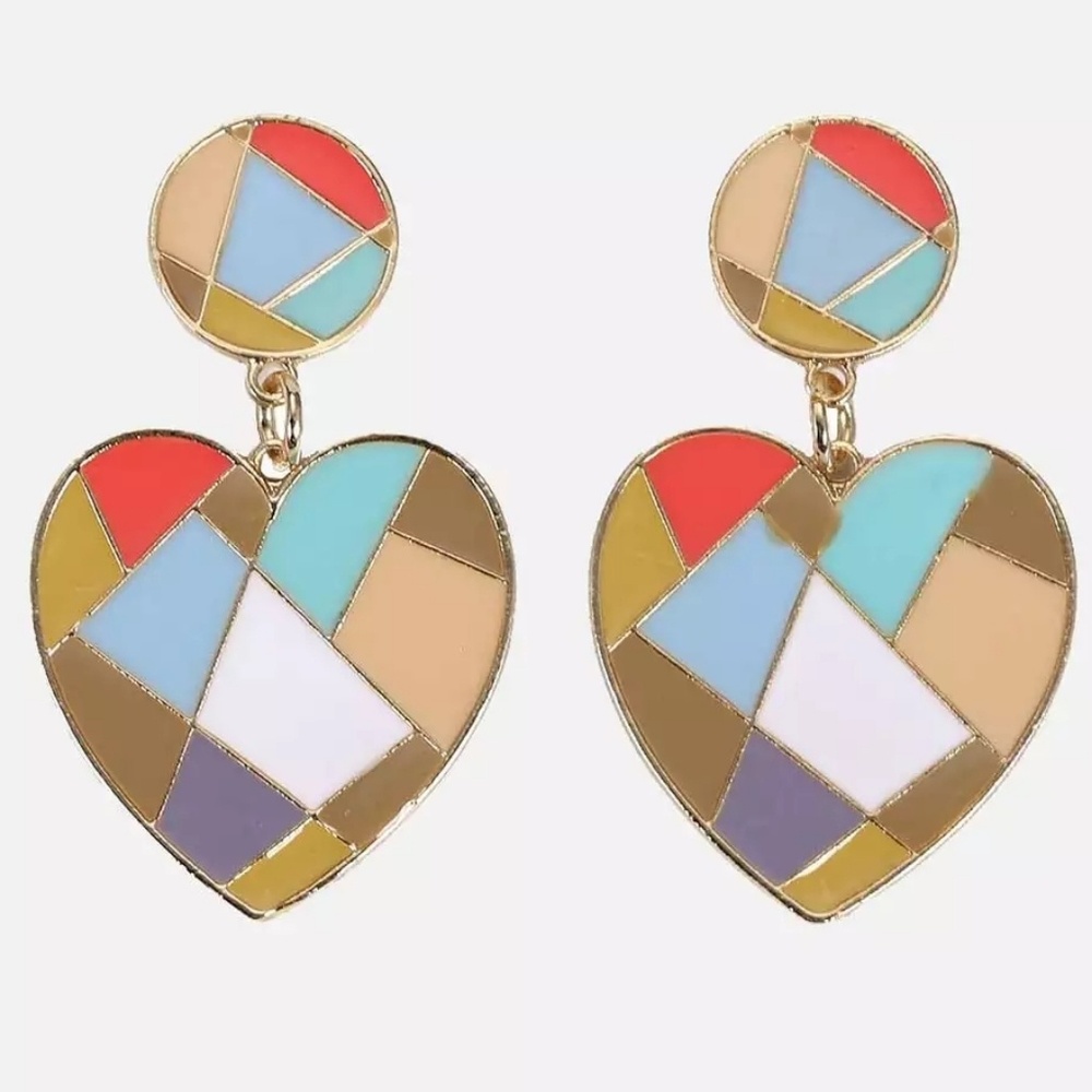 Cute Colorful Heart Earrings Mosaic Art
